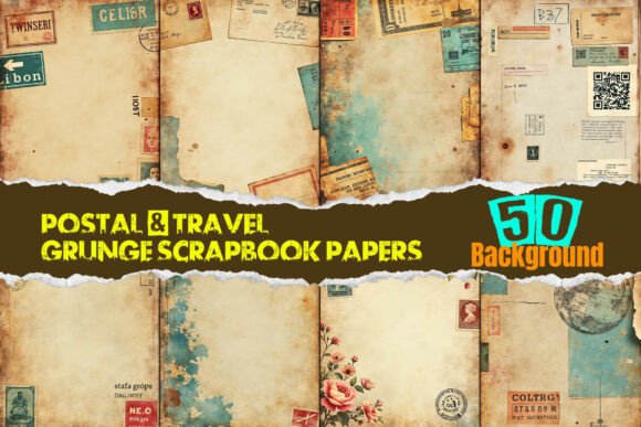 Postal Travel Grunge Scrapbook Papers